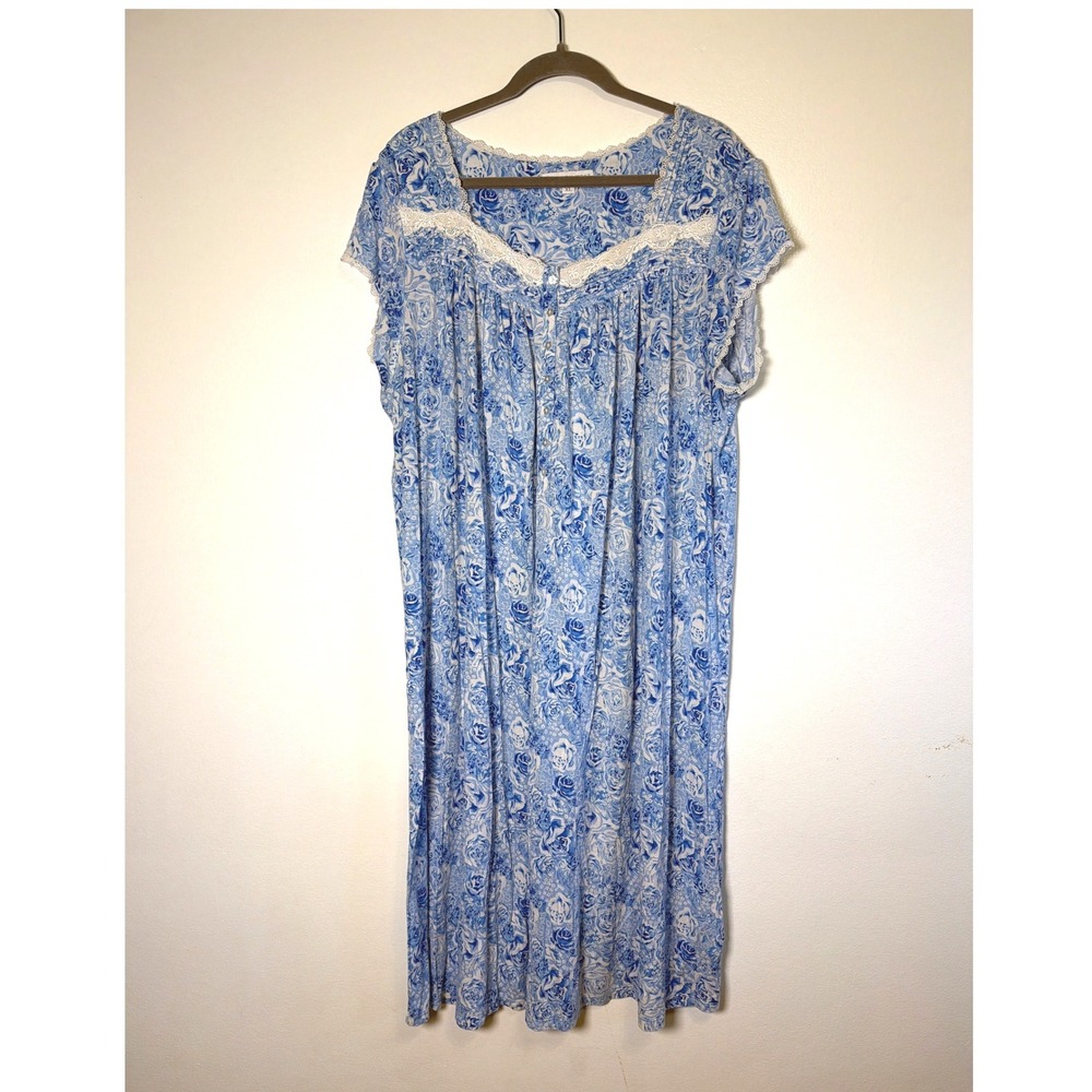 Eileen West Blue Floral Lace Trim Nightgown Short Sleeve Sleepwear XL Hole